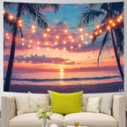 AOHMPT Ocean Sunset Tapestry, Beach Evening Sunset Tapestry, Natural Beach Palm Tree Landscape Poster, Seaside Landscape Wall Hanging for Bedroom, Dorm Room and Living Room Wall Decor 79" L x 59" W