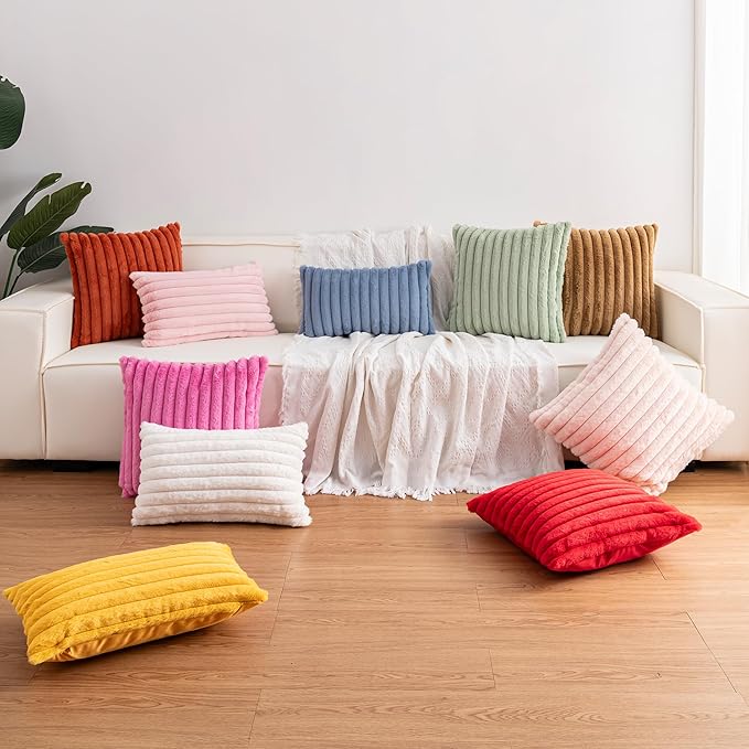 Pack of 2 Faux Fur Fall Throw Pillow Covers 16x16 Inch, Soft Plush Striped Neutral Couch Pillow Cover, with Velvet Back Modern Home Decor for Sofa Living Room Couch Bed Light Pink