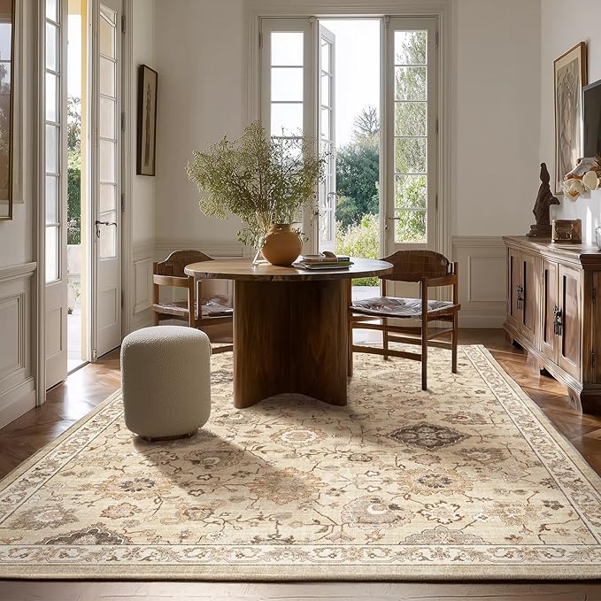 Machine Washable Rug for Living Room: 10x14 Area Rugs Boho Vintage Rug Stain Resistant Non Slip Low Pile Soft Lightweight Carpets for Bedroom Kitchen Dining Room Nursery Kids Room Farmhouse