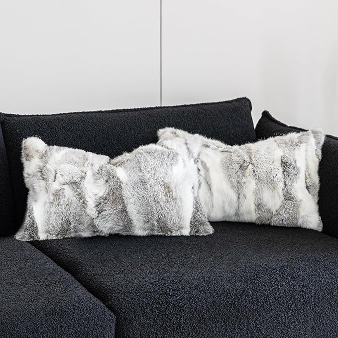 MOOX Rabbit Fur Throw Pillow Covers Decorative Fluffy Soft Fuzzy Plush Luxury Genuine Animal Skin Lumbar Pillow 12"x20" Cushion Cover, Couch-Grey White