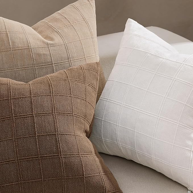 Woaboy Linen Check Throw Pillow Covers Set of 2 - Dark Brown Farmhouse Modern Boho Vintage Decorative Cushion Covers for Sofa Couch Bedroom Living Room Decor 18x18 Inch