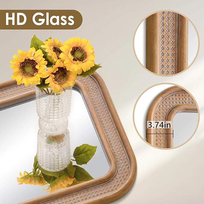Micasso Handmade Rattan Mirror for Wall: 24"x36" Solid Wood Frame Bamboo Mirror - Distressed Finish Suit for Natural Style - Rustic Shabby Chic Wicker Mirrors for Farmhouse/Entryway for Nature Lovers
