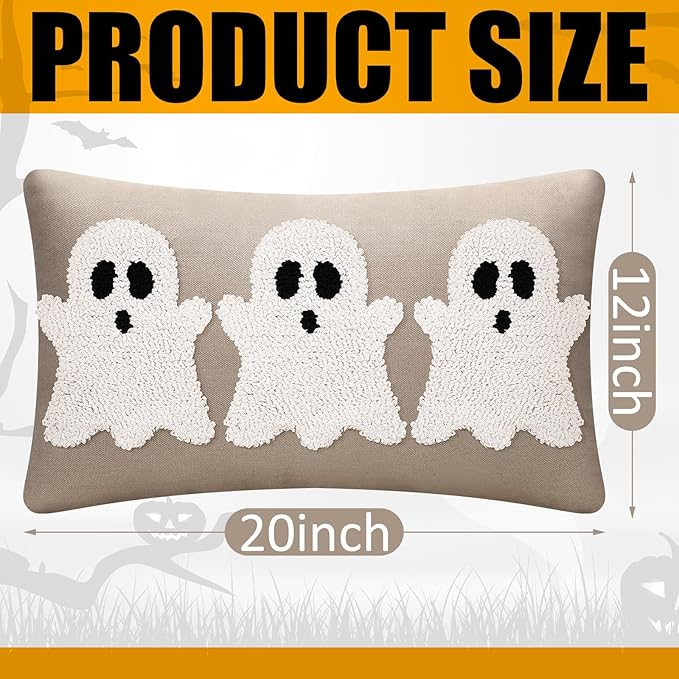 Mixweer Halloween Ghost Embroidery Decorative Pillow Covers 12 x 20 Inch, 3D Neutral Tufted Embroidery Spooky Ghost Cushion Pillow Case for Couch Home Living Room Bed Decor