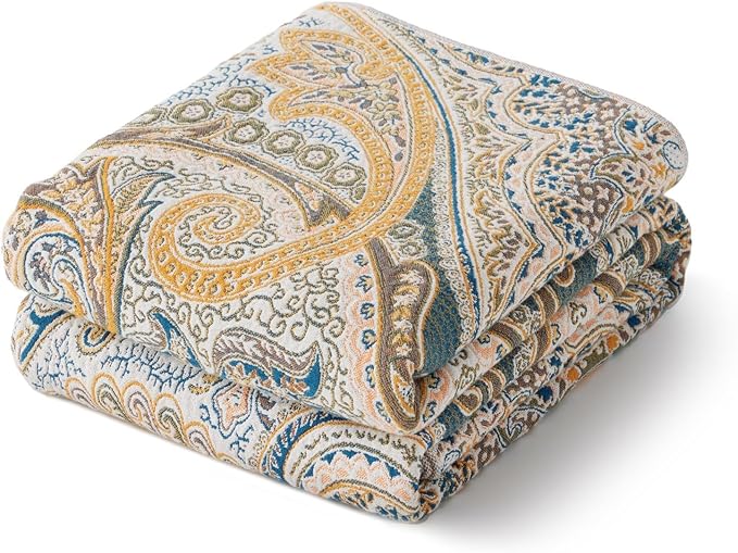 100% Cotton Boho Throw Blanket for Home Decor – Classic Farmhouse Quilt Bedding, Muslin Blankets for Adults, Vintage Woven Decorative Blanket for Couch, Bed Layering Use, Paisley Pattern, 90"x90"