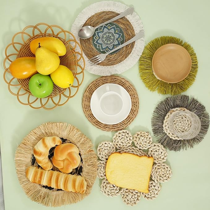 7Pack Boho Wall Basket Set Hanging Woven Wall Basket Decor Rattan Flat Round Wicker Wall Art Set Round Wall Art for Living Room Kitchen Office Bathroom Dining Room (Style 5)