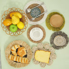 7Pack Boho Wall Basket Set Hanging Woven Wall Basket Decor Rattan Flat Round Wicker Wall Art Set Round Wall Art for Living Room Kitchen Office Bathroom Dining Room (Style 5)