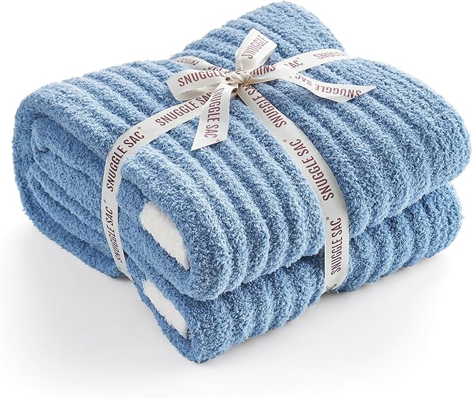 Snuggle Sac Ribbed Blue Throw Blanket for Couch, Microfiber Knit Stripe Throws, Soft Fuzzy Blankets for Couch, Sofa, Travel, Blue, 50x60 inches