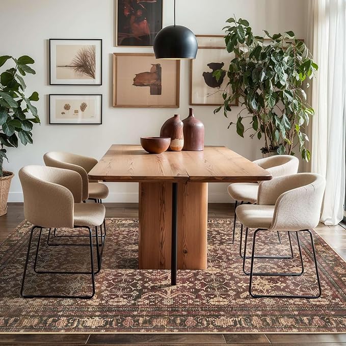 Oriental 5x7 Area Rugs for Living Room Bedroom, Vintage Washable Christmas Rug, Red Boho Area Rug, Non Slip & Low Pile Faux Wool Carpet for Indoor Dining Room and Kids Room(Red 5x7ft)