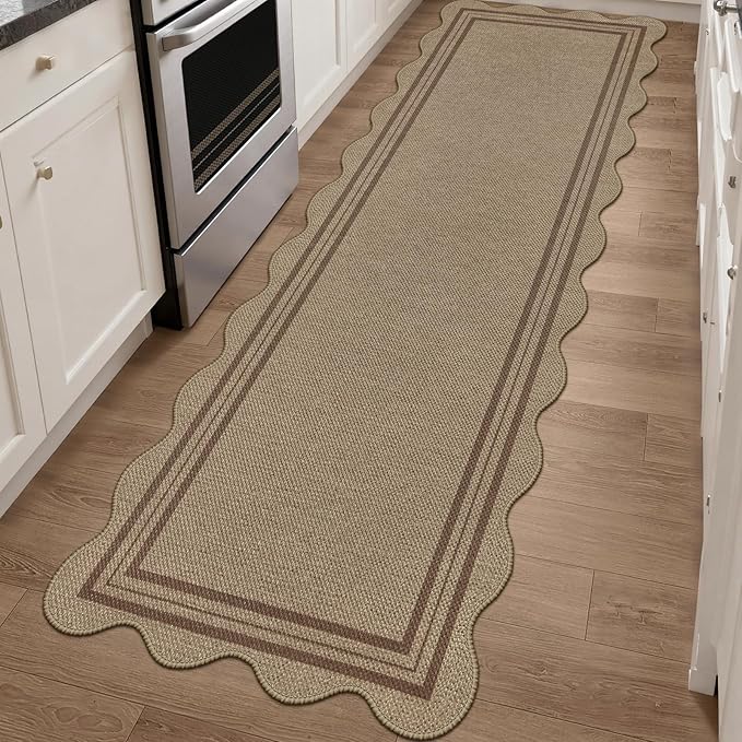 Scalloped Easy Jute Hallway Runner Rug, 2.6x8 Kitchen Non Slip Runner Washable Outdoor Indoor Long Rug, Farmhouse Morden Carpet for Porch Bedroom Laundry