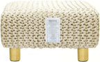 COTTON CRAFT Braided Footrest - Handknitted Dori Foot Stool with Sturdy Wood Legs – Handmade Boho Leg Rest - Small Spaces Under Desk Living Room Entryway Low Footstool Pouf - 16.5x12x9.5 - Ivory