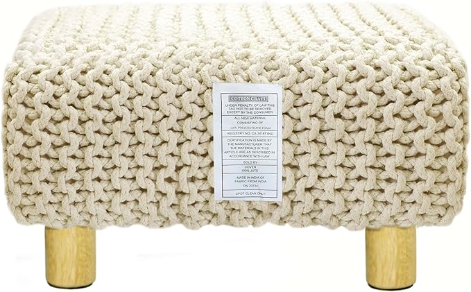 COTTON CRAFT Braided Footrest - Handknitted Dori Foot Stool with Sturdy Wood Legs – Handmade Boho Leg Rest - Small Spaces Under Desk Living Room Entryway Low Footstool Pouf - 16.5x12x9.5 - Ivory