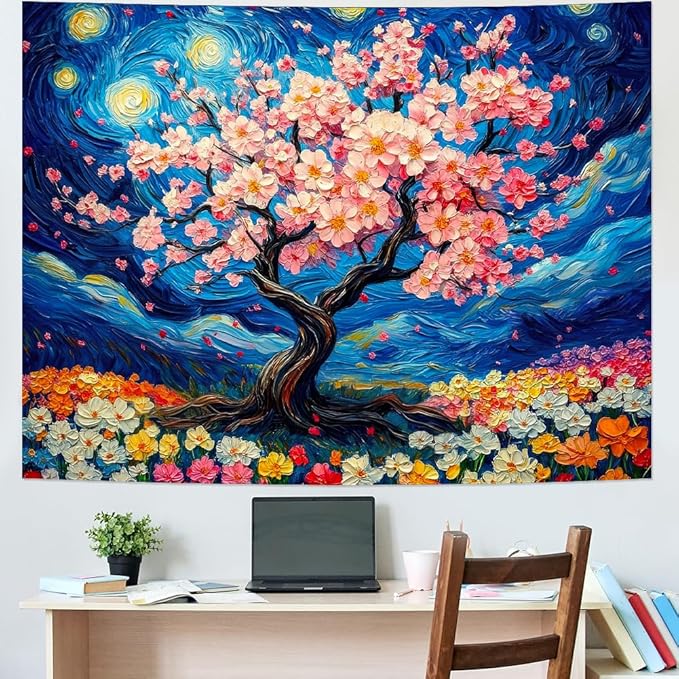 Amhokhui Starry Sky Tapestry Cherry Blossom Tree Tapestry Japanese Anime Tapestries Colorful Floral Flower Tapestries Aesthetic Art Fantasy Landscape Wall Hanging Decor for Home