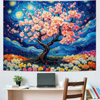 Amhokhui Starry Sky Tapestry Cherry Blossom Tree Tapestry Japanese Anime Tapestries Colorful Floral Flower Tapestries Aesthetic Art Fantasy Landscape Wall Hanging Decor for Home