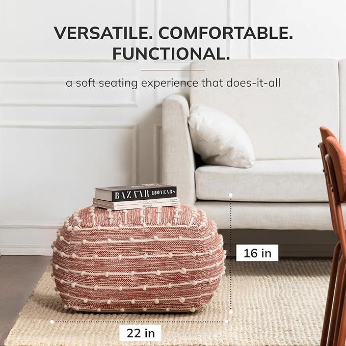 Anji Mountain Pouf Ottoman Foot Rest, Handmade Ottoman Pouf, Comfortable Foot Stool, Decorative Floor Seating for Living Room Decor, Bedroom & Home Décor Accent - Terracotta Stitch