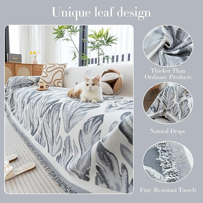 Floral Couch Cover Blanket, Botanical Couch Blanket Cover, Sofa Cover Blanket for Dog, Chenille Sofa Covers Washable, Medium Couch Covers for Recilner&Chair(1pc/Grey/71×134")