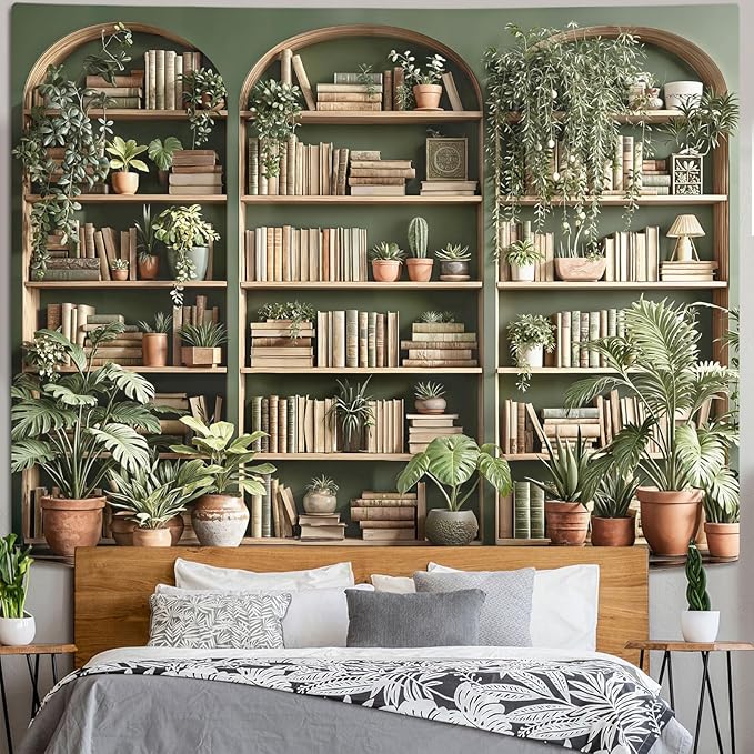 Accnicc Sage Green Plant Bookshelf Tapestry Botanical Bookshelf Tapestries Wall Hanging Vintage Potted Plants Library Backdrop Extra Large Tapestry for Bedroom Living Room Dorm 90 x 68 inch