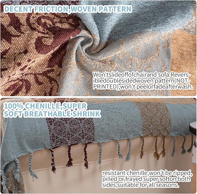 Boho Chenille Throw Blanket, Bohemian Jacquard Tassels Cover for Couch Bed, Decorative Sofa Slipcover Protector - Colorful Tribal Pattern (Vintage, 86 * 102 in)