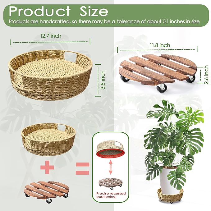 Outdoor Rattan Plant Stand Round Trays Planter Caddy with Wheels, Indoor Wooden Flower pots Table Decor Wicker Basket (Paper Rope)