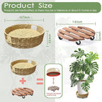 Outdoor Rattan Plant Stand Round Trays Planter Caddy with Wheels, Indoor Wooden Flower pots Table Decor Wicker Basket (Paper Rope)
