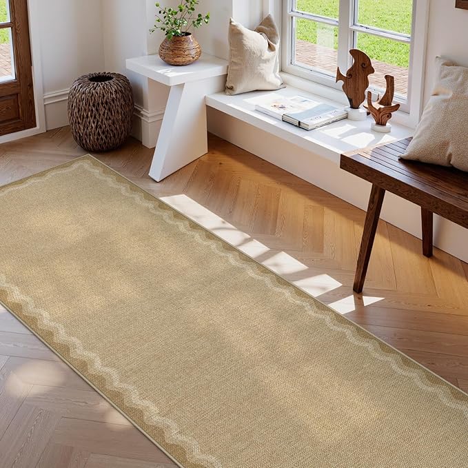 LIVEBOX Scalloped Washable 2x8 Kitchen Runner Rug, Easy Jute Geometric Tan Rug for Hallway Runner Entryway, Indoor Outdoor Non Slip Rugs Farmhouse Modern Carpet Door Mat for Porch Laundry Room