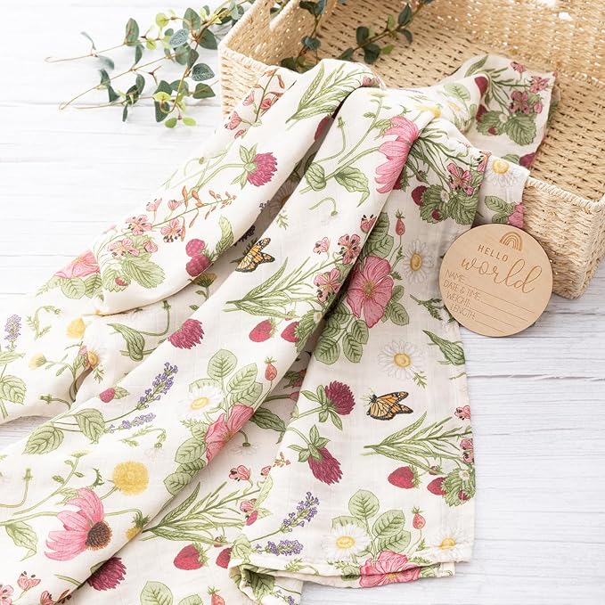 BabyWhale Muslin Swaddle Blanket with Hat and Headband Bow, Floral Pattern Swaddle Set for Baby Boys ＆ Girls, Unisex Newborn Soft Receiving Swaddle Wrap, 47x47 inches