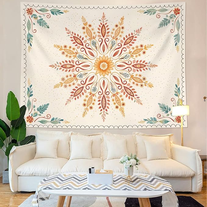 Accnicc Boho Floral Mandala Tapestry for Bedroom Bohemian Flower Wall Tapestry Aesthetic Small Watercolor Yellow Beige Hippie Indian Tapestries Wall Hanging for Living Room Dorm Decor 60 x 44 Inch