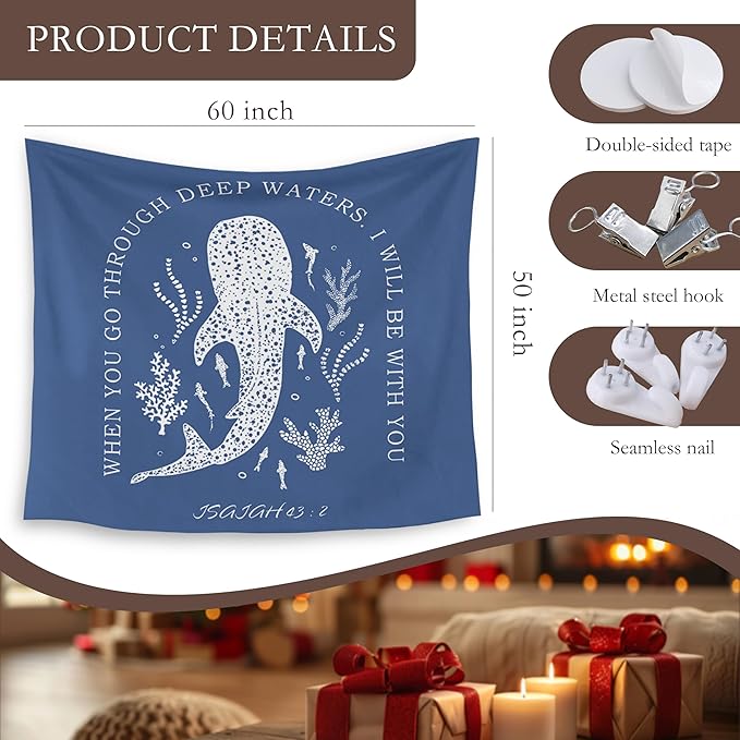 HUGANE Whale Shark Christian Tapestry, Isaiah 43:2 Bible Verse Tapestry Wall Hanging, Religious Bible Scripture Wall Blanket Backdrop Decor for Home Bedroom Living Room, 50x60 Inch,Color-C