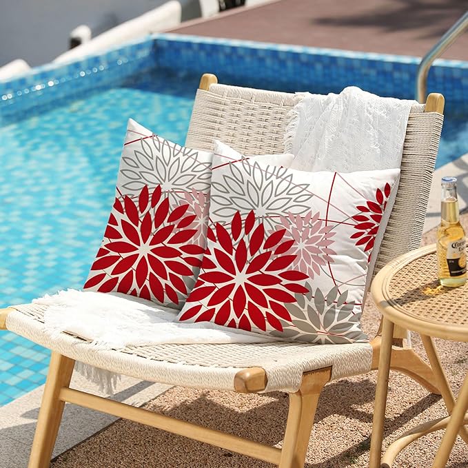 Red and Pink Grey Floral Pillow Covers 18x18 Set of 2 Outdoor Waterproof Decorative Throw Pillows valentines Pillow covers Polyester Cushion Case Decor for Couch Patio Funiture Garden Porch 01X18
