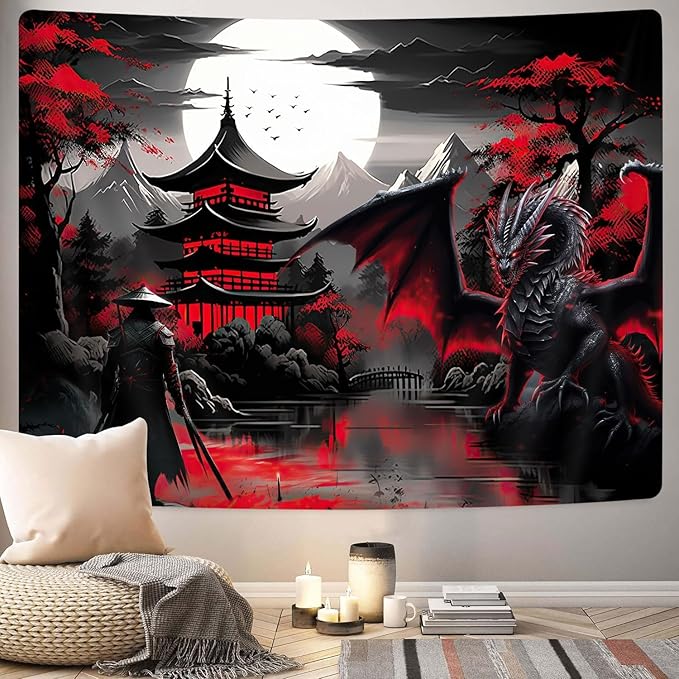 Anime Samurai Tapestry, Cool Red and Black Medieval Fantasy Dragon Tapestry Wall Hanging for Men, Mountain Forest Nature Sunset Dark Asia Japanese Tapestries Aesthetic for Living Room College, 40X30