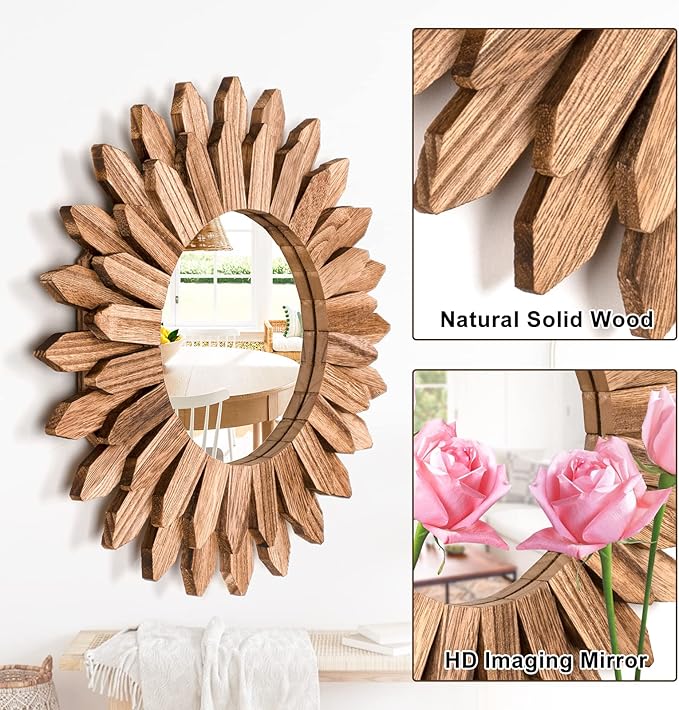 Emfogo Wall Mirror 12 inch Rustic Wood Sunburst Boho Mirror Wall Decor Home Decor for Bedroom Living Room Entryway Farmhouse (Carbonized Black)