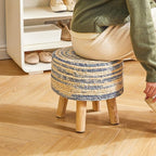 YMYNY Foot Stool Natural Seagrass Hand Weave, 12.6" Small Ottoman, Round Footrest for Living Room, Bedroom, Entryway, Change Shoes Stool, Non-Skid Wood Legs, Boho, Blue+White UHBD027QW