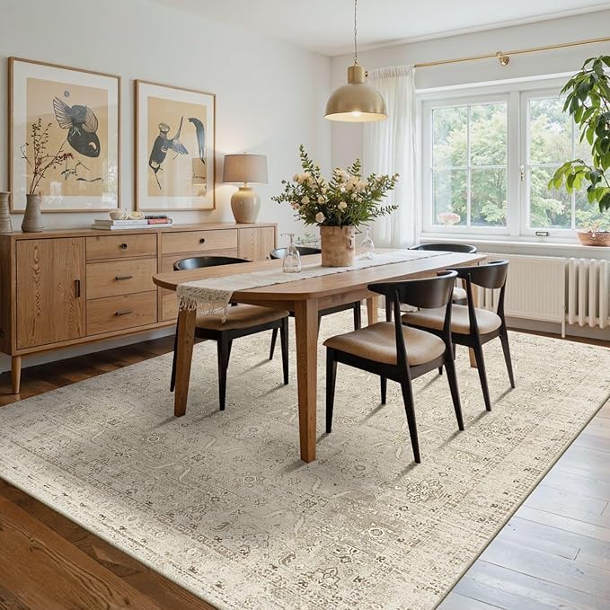 6x9 Area Rugs for Living Room Bedroom, Beige Large Washable Neutral Rug, Vintage Floral Retro Boho Non Slip & Low Pile Carpet for Indoor Dining Room, Classroom, Dorm, Nursery and Kids Room