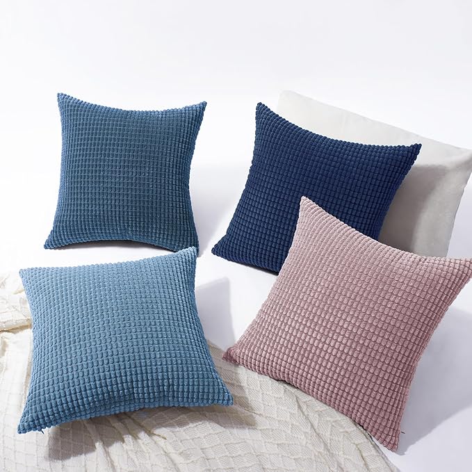 Softalker Throw Pillow Covers 18x18 Inch, Set of 4, Soft Corduroy Boho Stripe Decorative Pillow Cover, Couch Fluffy Pillow Cover for Farmhouse Home Decor Bed Living Room, Pink/Blue