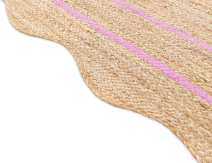 Wave Scalloped Natural Jute Runner, Light Pink (5'x8'): Boho Farmhouse Scallop Entryway Rug