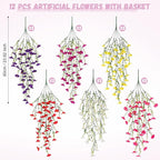 Artificial Flowers with Hanging Basket, Outdoor Faux Plants Silk Morning Glory Vines, Fake Petunias for Garden Patio Spring Summer Decor, 12 pcs Mixed Color