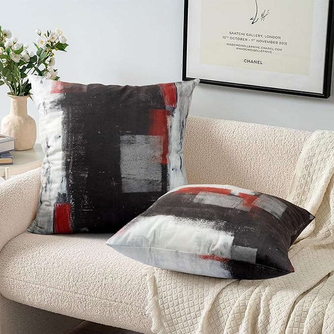 COLORPAPA Red and Black Throw Pillow Covers 20x20 Set of 4 Decorative Cushion Cover Grey Abstract Art Painting Pillowcase for Sofa Bedroom Living Room Décor