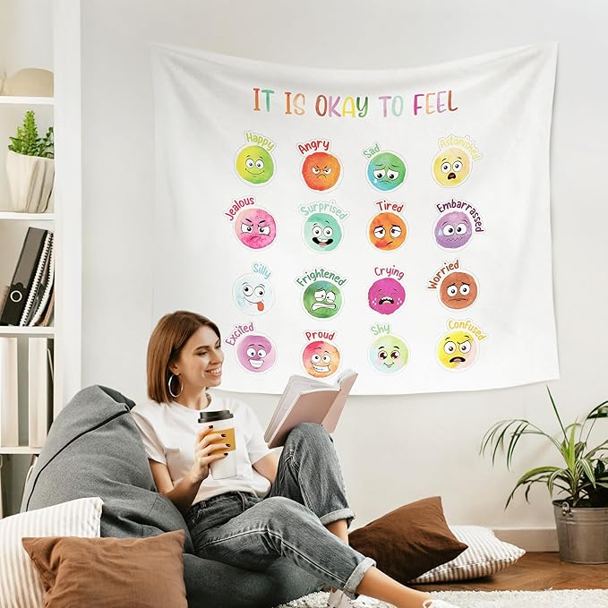 WARDOS Feelings Emotions Chart For Kids Tapestry,Mental Health wall art kids Bedroom Therapist Counselor Calming Office Classroom, 50x60 Inch