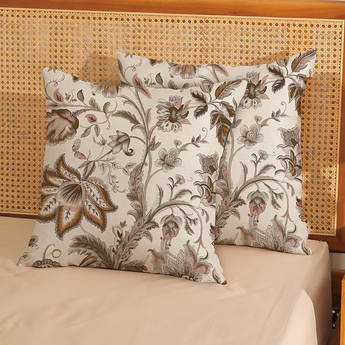 Brown Pillow Covers 18x18 Inch Set of 2 Brown Chinoiserie Floral Throw Pillows Boho Vintage Flowers Decorative Pillow Cases Outdoor Chinoiserie Decor Farmhouse Cushion Case for Couch Sofa
