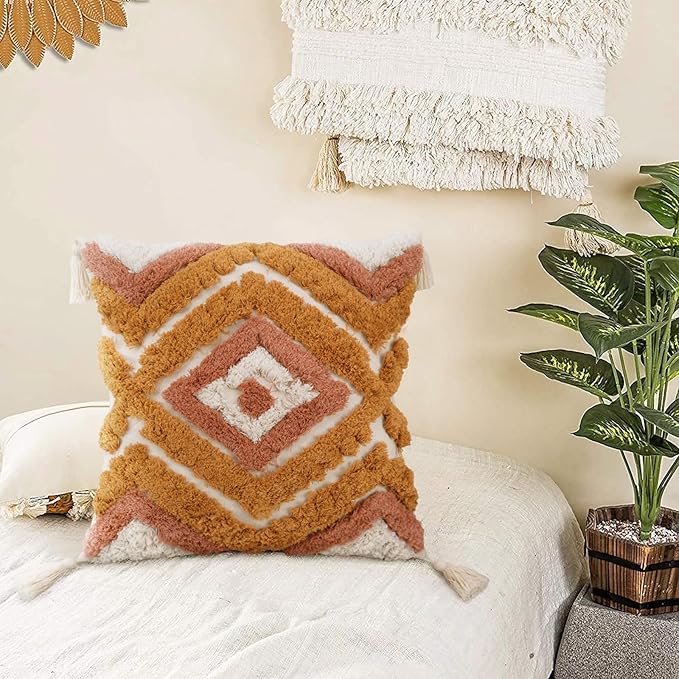 Merrycolor Boho Throw Pillow Covers 20x20 with Tassels, Decorative Pillow Covers Woven Tufted Bohemian Pillow Covers for Couch Sofa Bedroom Living Room