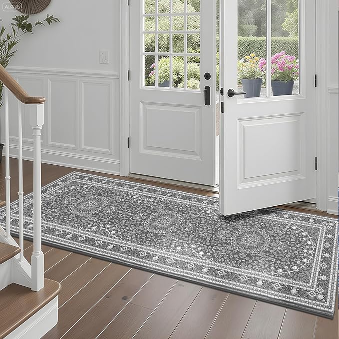 Lessymo 2 x 6 Runner Rug, Machine Washable Area Rugs Boho Faux Wool Low Pile Area Rug for Bedroom, Floral Medallion Vintage Rugs with Non-Slip Rubber,Grey White