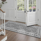 Lessymo 2 x 6 Runner Rug, Machine Washable Area Rugs Boho Faux Wool Low Pile Area Rug for Bedroom, Floral Medallion Vintage Rugs with Non-Slip Rubber,Grey White
