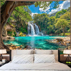 Zussun Nature Forest Tree Tapestry Flowing Waterfall Green Jungle Tapestry for Bedroom Aesthetic Teal Lake Landscape Large Tapestries Wall Hanging for Dorm Living Room Decor 90 x 68 Inch