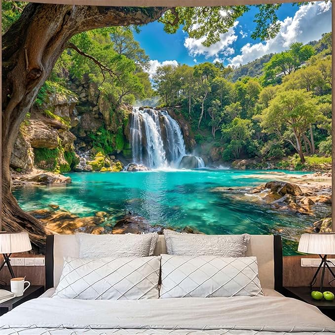 Zussun Nature Forest Tree Tapestry Flowing Waterfall Green Jungle Tapestry for Bedroom Aesthetic Teal Lake Landscape Large Tapestries Wall Hanging for Dorm Living Room Decor 90 x 68 Inch