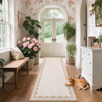 Scalloped Beige 2.5x10 Runner Rug for Hallway Washable Kitchen Rugs Non Slip Solid Modern Minimalism Soft Low-Pile Indoor Carpet for Entryway Laundry Room Floor Mats