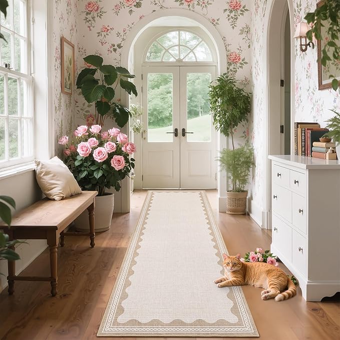 Scalloped Beige 2.5x8 Runner Rug for Hallway Washable Kitchen Rugs Non Slip Solid Modern Minimalism Soft Low-Pile Scalloped Indoor Carpet for Entryway Laundry Room Floor Mats