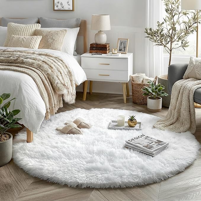 White Round Rug 6Ft for Bedroom, Circular Circle Area Rugs for Living Room, Large Soft Fluffy Shaggy Carpet for Teen Girls Boys, Kids Home Decor Aesthetic, Plush Throw Rugs for Dorm Nursery Playroom