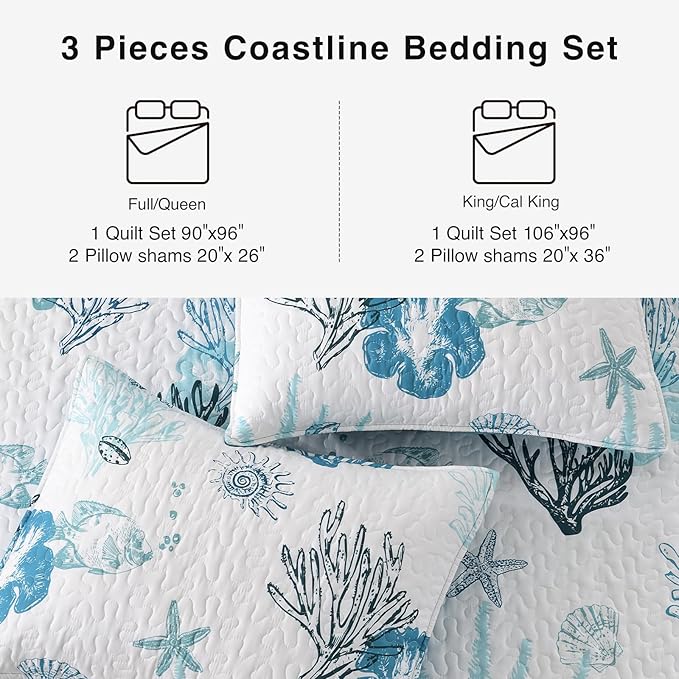 HORIMOTE HOME Coastal Quilt Bedding Set King Size, Reversible Blue Summer Beach Quilt Lightweight Ocean Nautical Comforter Tropical Bedspread Coverlet with 2 Pillow Shams for All Seasons (106"x96")