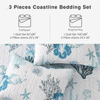 HORIMOTE HOME Coastal Quilt Bedding Set Queen Size, Reversible Blue Summer Beach Quilt Lightweight Ocean Nautical Comforter Tropical Bedspread Coverlet with 2 Pillow Shams for All Seasons (90"x96")