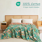Boho Throw Blanket - 90"x108" 100% Cotton Ultra Soft Lightweight Spring Blanket, 4-Layer Breathable Muslin Blankets for Bed Couch, Reversible Green Floral Printed Bohemian Cotton Quilt