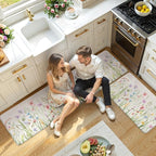 KIMODE Anti Fatigue Kitchen Mats for Floor 2 Piece, Cushioned Floral Kitchen Rugs, Memory Foam Kitchen Floor Mats, Summer Standing Desk Mats for Laundry Office Sink White 20"x71"+20"x32"